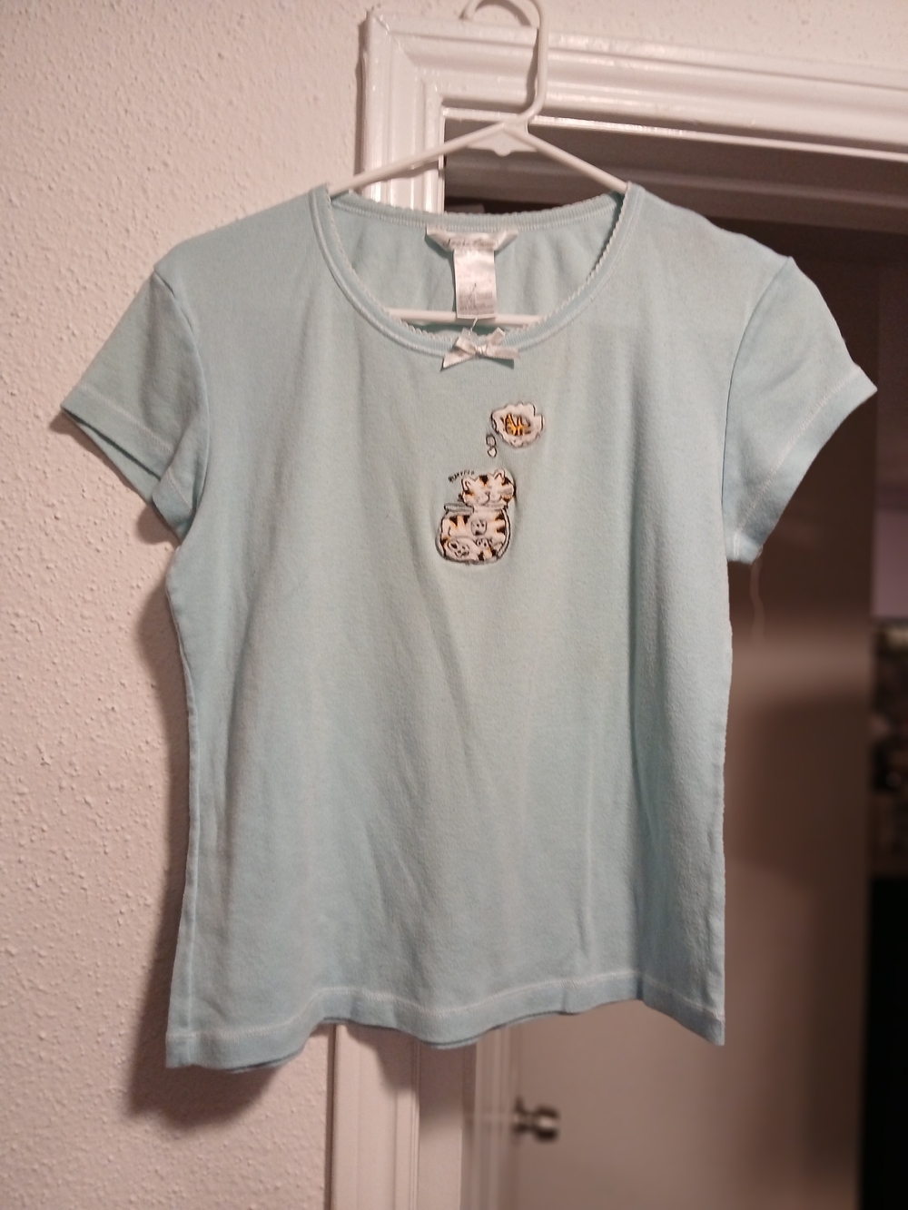 Secret Treasures Light Blue Short Sleeve Top with Cat Patch